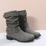Cowboy Boots for Women Vintage Leather Buckle Strap Square Heel Ankle Boots