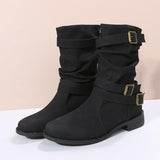 Cowboy Boots for Women Vintage Leather Buckle Strap Square Heel Ankle Boots